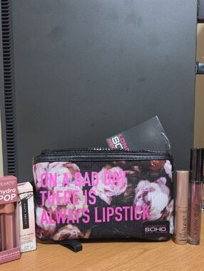 London Soho Black Floral Cosmetic Bag - 'On A Bad Day There Is Always Lipstick'